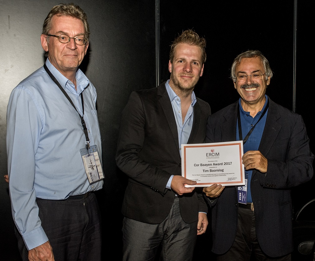 Tim Baarslag (Cor Baayen Young Researcher Laureate) with Domenico Laforenza and Jos Baeten (ERCIM)