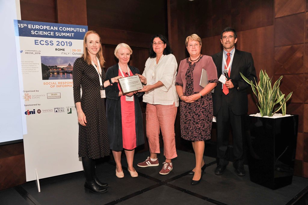 Minerva Award Winners from TU Dublin with Dana Petcu (Award Chair), Beate List (Google) and Enrico Nardelli (Informatics Europe President)