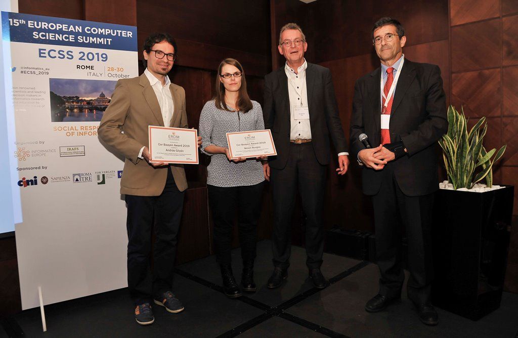 Winners of the ERCIM Cor Baayen Award with Jos Baeten (ERCIM President) and Enrico Nardelli (Informatics Europe President)