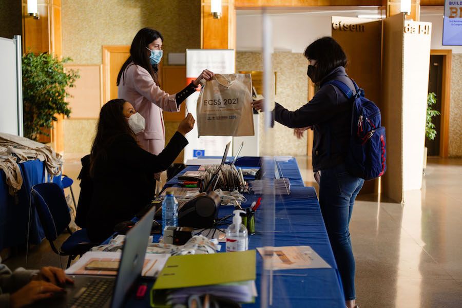 At the registration desk